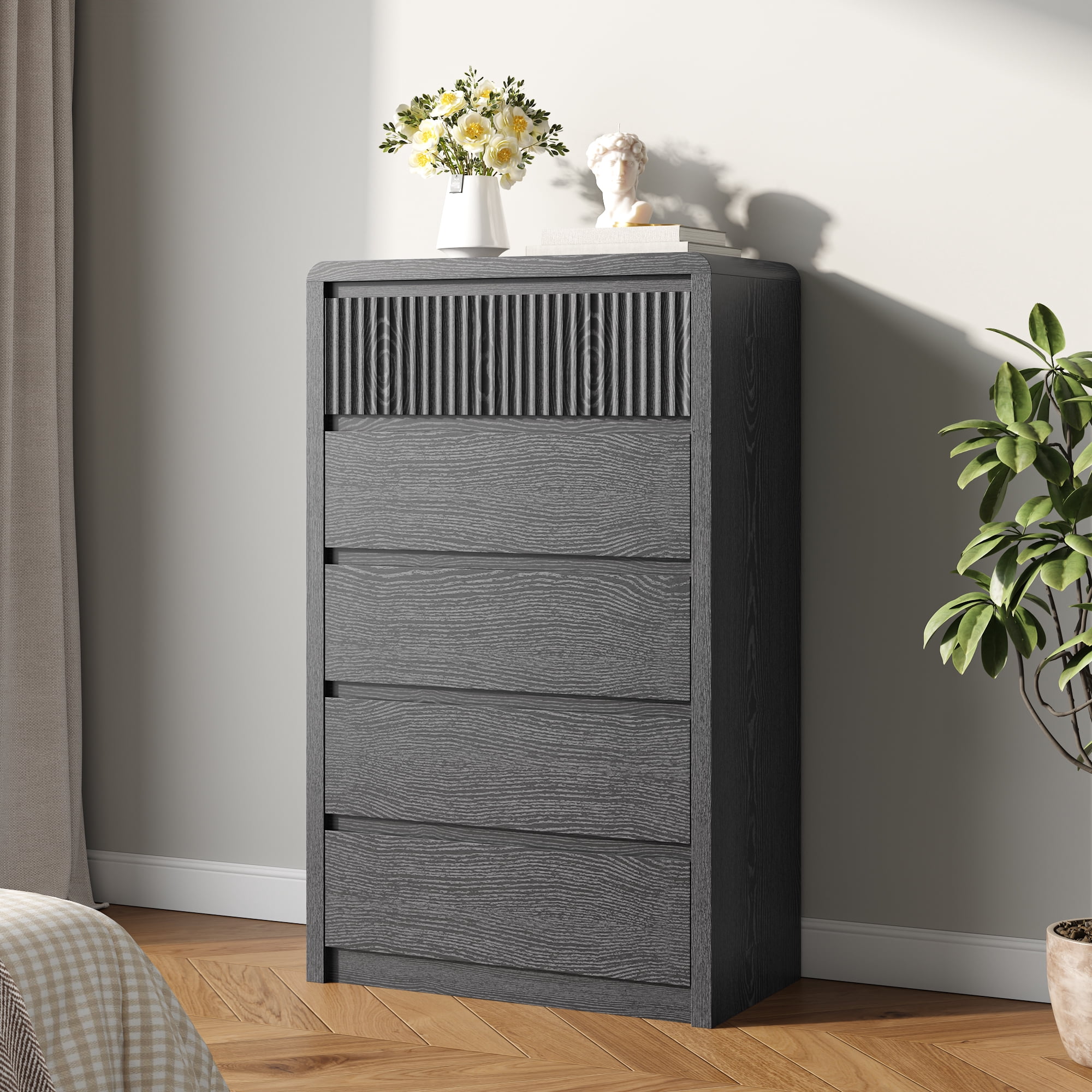 ASTUVIA 5 Drawers Dresser for Bedroom, 48.4" Tall Chest of Drawers with Curved Profile Design, Mid Century Fluted Storage Dressers Organizer,Black