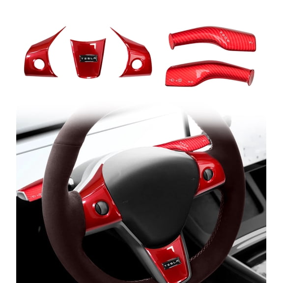 Steering Wheel Panel Wrap Cover Trim Kit And Gear Shifter Cover Replacement For 2017-2023 Tesla Model 3 Interior Accessories Red (5pcs/Set, Glossy Carbon)