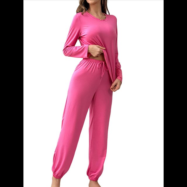 Conjunto de Pijama de 2 Piezas para Mujer, Camiseta y Pantalón Lisos, Suave y Elástico. Rosa Roja S