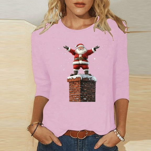 Cadancy Christmas Tshirts Women Party 3/4 Sleeve Plus Size Winter Tops Dressy Cute Santa Claus Holiday Blouses Casual Crewneck Vintage Xmas Funny Shirts