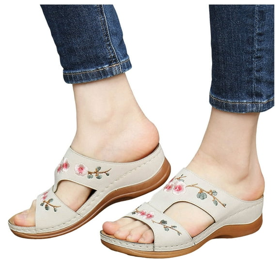 Mostsola Slippers for Women Floral Embroidery Open Toe Dressy Summer Slip on Shoes Wedge Sandals