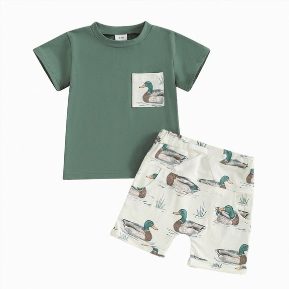 Xudanell Toddler Baby Boy Clothes Infant Mallard Duck Print Summer Outfit T Shirt Solid Color Shorts Green 6-12 Months