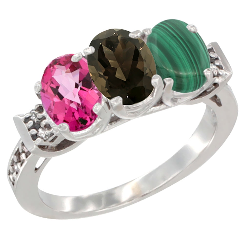 10K White Gold Natural Pink Topaz, Smoky Topaz & Malachite Ring 3-Stone Oval 7x5 mm Diamond Accent, sizes 5 10 by WorldJewels