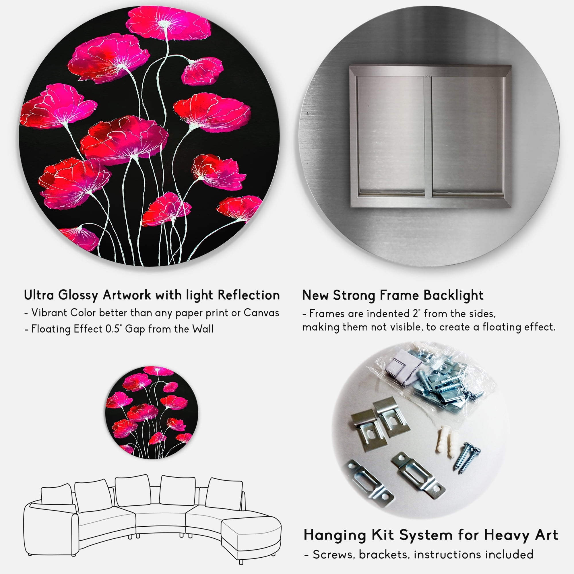 Designart 'Abstract Red Flower Detail On Black Background III' Traditional Circle Metal Wall Art 29x29 - Disc of 29