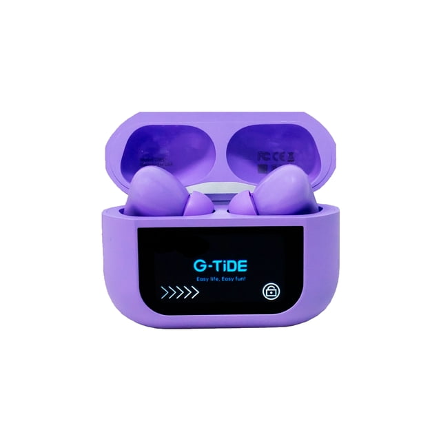 audifonos g-tide future pod dws1 purple estuche abierto frontal con auriculares in-ear morados y pantalla táctil integrada en el frente que muestra el logo; diseño compacto de acabado mate, bisagra superior visible, menciona cancelación activa y emparejamiento rápido, fondo blanco.