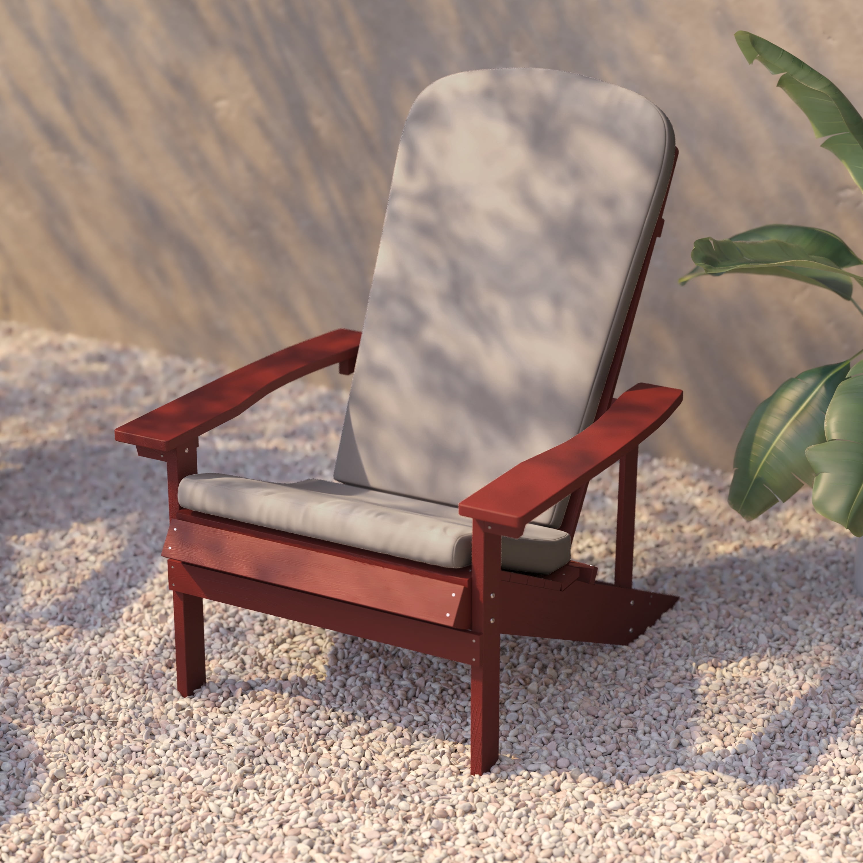 BizChair Set of 2 All-Weather Poly Resin Wood Adirondack Chairs in Red with Cream Cushions for Deck, Porch, and Patio