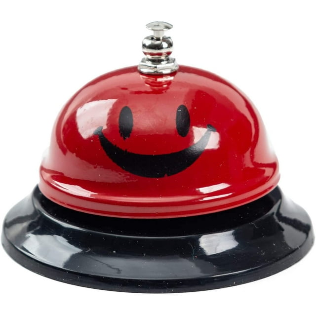 Call Bell, 3.35 Inch Diameter, Metal Bell, Red Smiley Face, Desk Bell