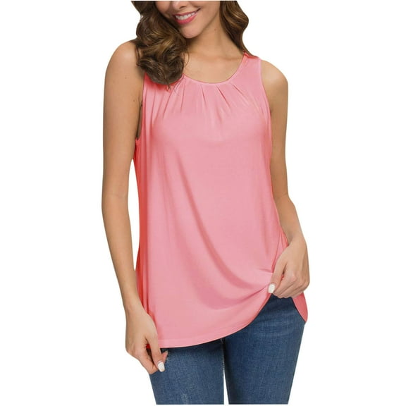 ZQGJB Summer Womens Tank Tops Loose Fit Casual Sleeveless Round Neck Ruched Pleated Shirts Loose Flowy Tunic Blouse for Leggings Pink M