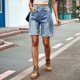 thumbnail image 5 of Pantalones Cortos Vaqueros para Mujer, Hasta la Rodilla, Modernos, Estilo Y2K, de Cintura Alta, Pierna , Informales, de Verano, con Bolsillos Azul M, 5 of 10