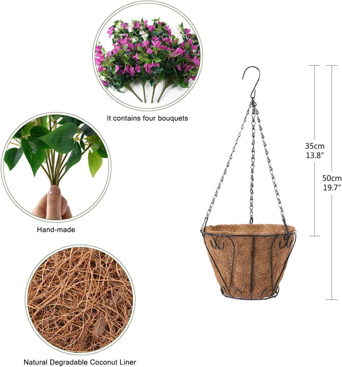Artificial Flowers Hanging Basket,Bougainvillea Silk Vine Flowers for Outdoor/Indoor, 0Inch Coconut Lining Flower Pot with Hanging Plant for Patio Lawn Garden Decor (Purple)