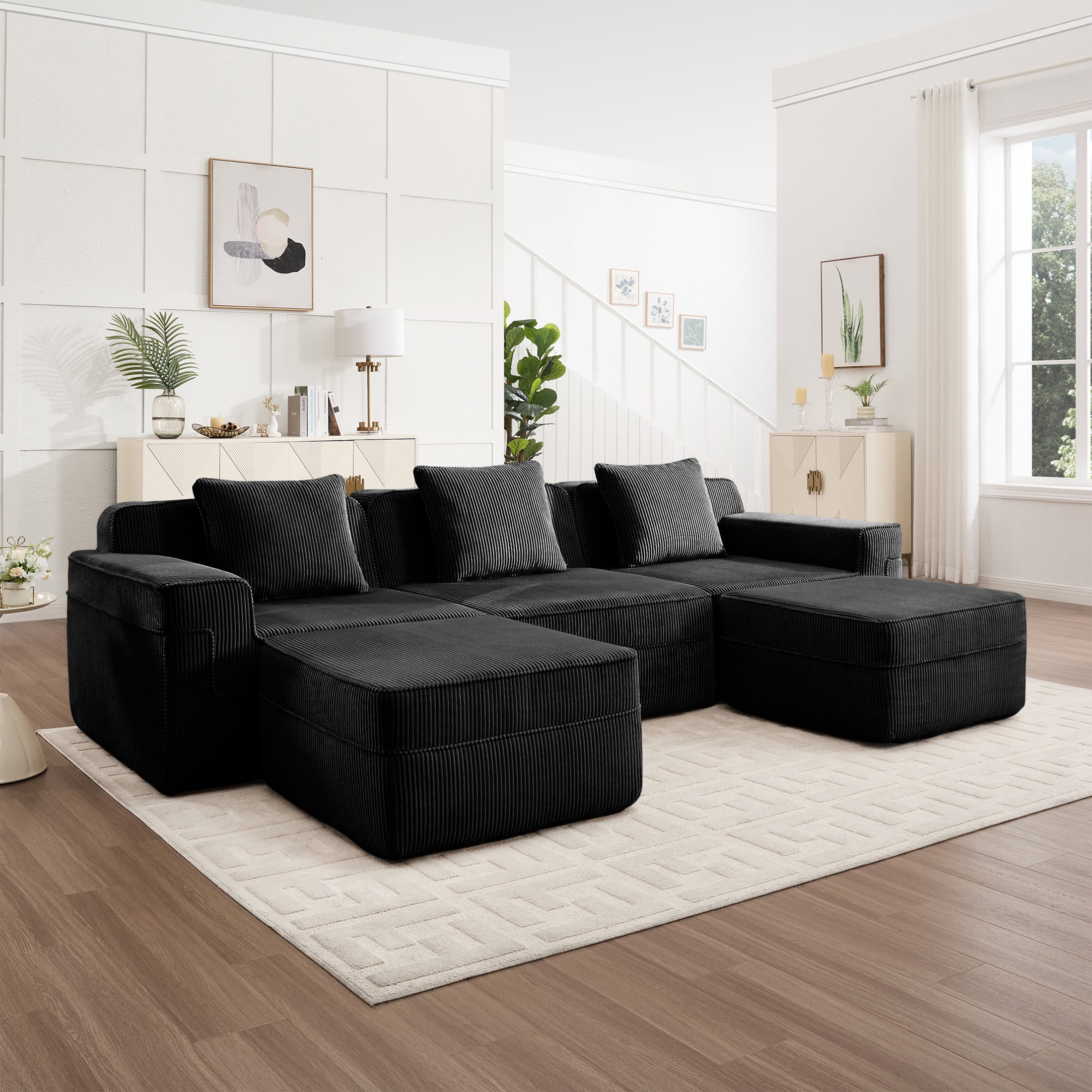 Noble House 3-Seat L-Shape Cloud Sectional Sofa, Boneless Design, Throw Pillows & 2Movable Ottoman, Corduroy Fabric,Black