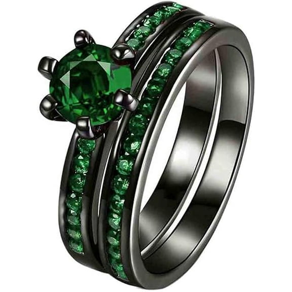 Gems Jewels 14K Black Gold Plated 2 Ct Round Cut Emerald Wedding Engagement Bridal Ring Set For Women's 925 Sterling Silver -4