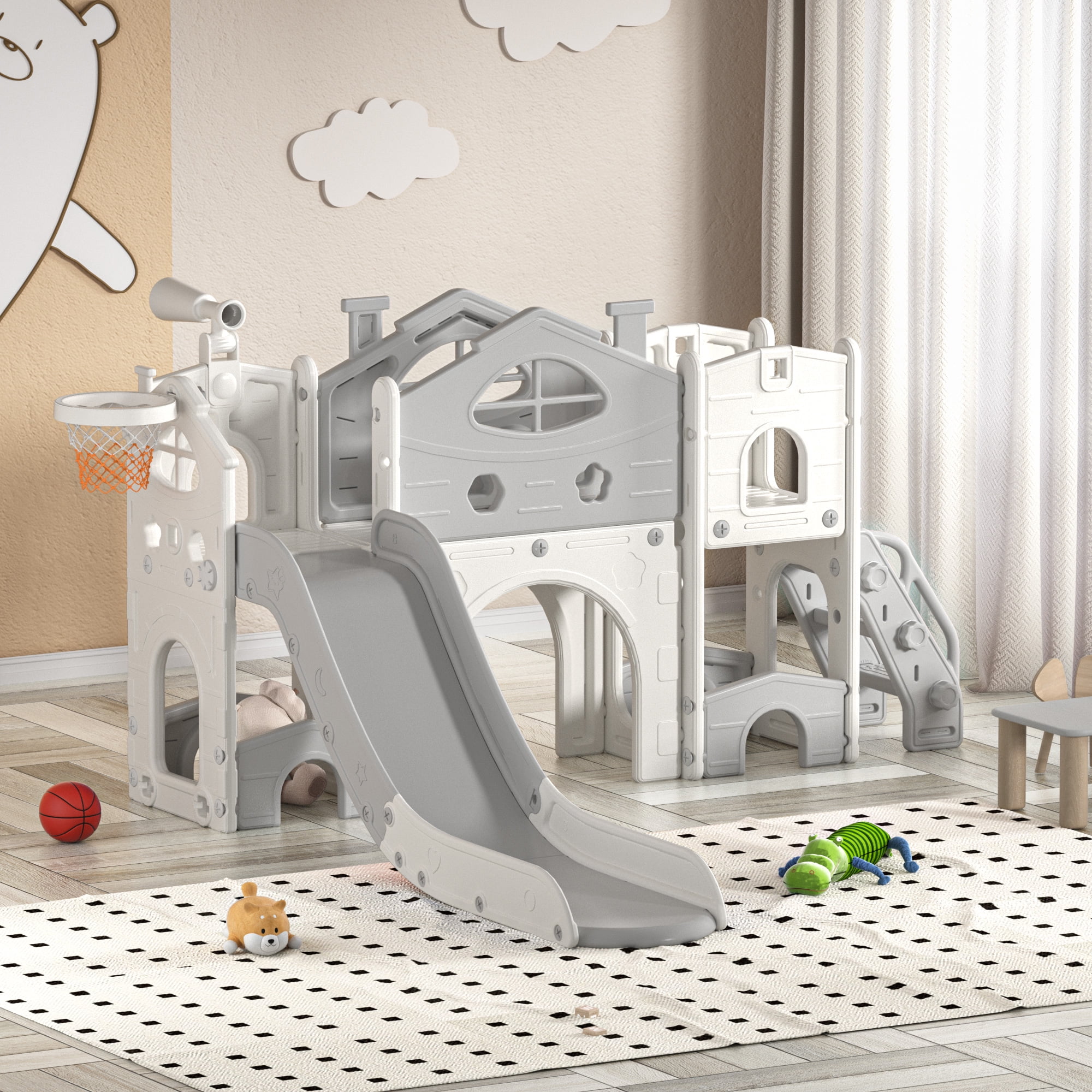 Kids Slide Playset with Climber, Toddlers Freestanding Castle with Basketball, Storage Area, Tunnel for Indoors and Outdoors, Gift for Children, Gray and White