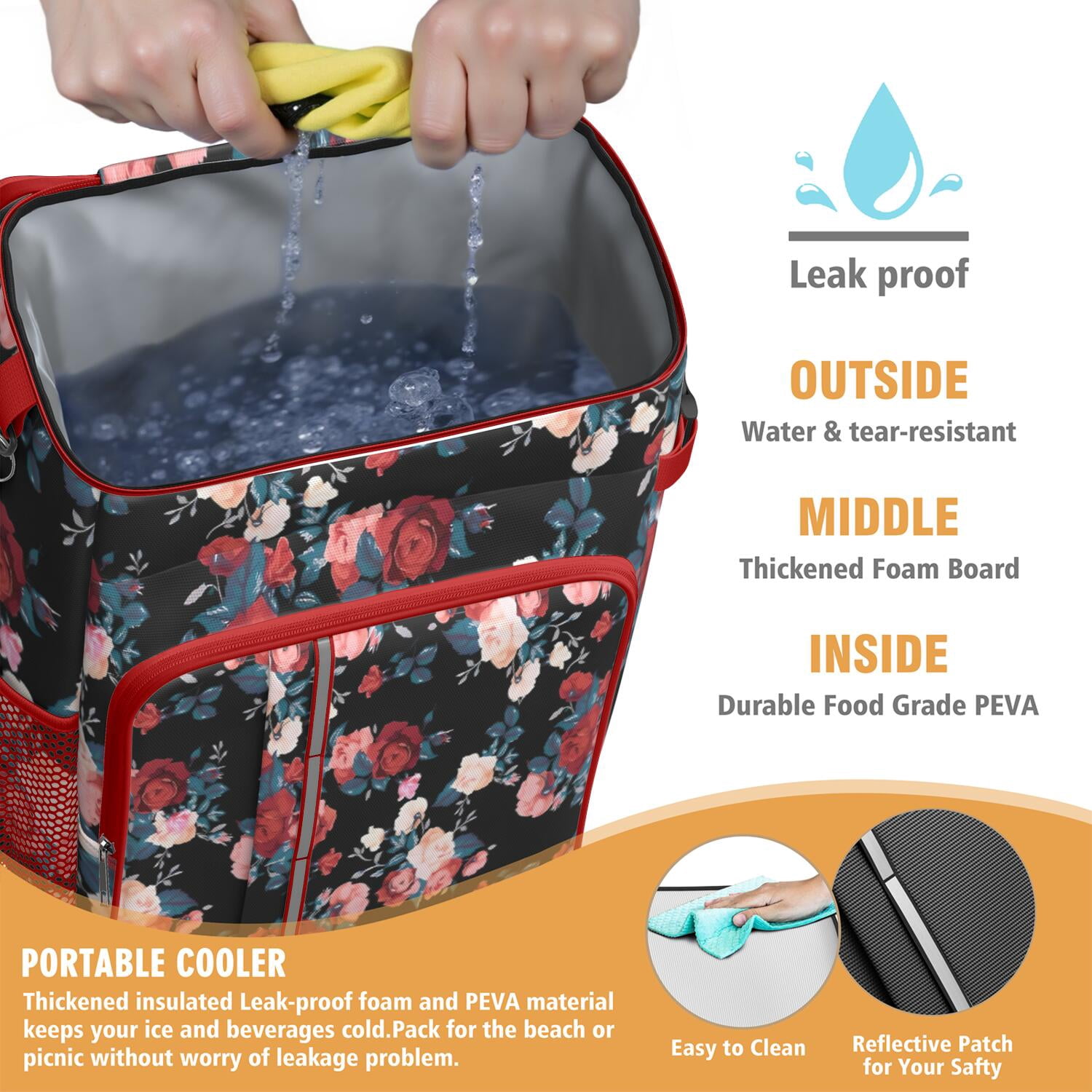 Travel Cooler Bag - Pioneer Flower Floral Print Pattern Camping Beer Cooler Backpack with Bottle Opener- Waterproof Insulated Picnic Backpacks - Cooler Bag for Beach