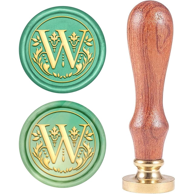 Sello de lacre con la letra W, estilo vintage, con inicial del alfabeto. Diseño retro de 25 mm, cabezal de latón extraíble y mango de madera.