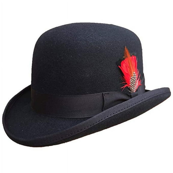 Different Touch 100% Wool Black Felt Derby Bowler with Removable Feather Fedora Hats Size M (Fitted 7 1/8, 22 1/4", 59cm)