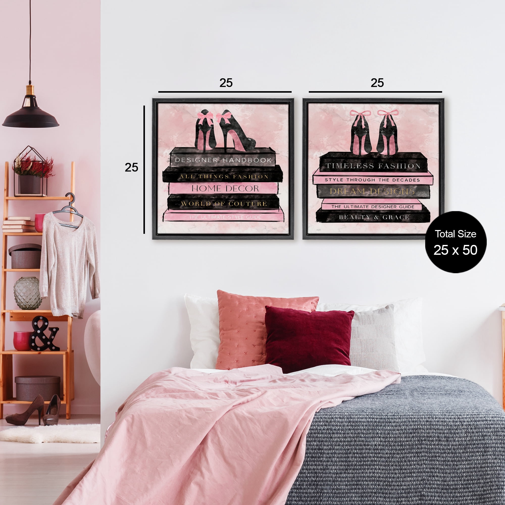 Stupell Industries Pink Heels Atop Books 2 Piece Black Framed Floater Canvas Set, design by Natalie Carpentieri