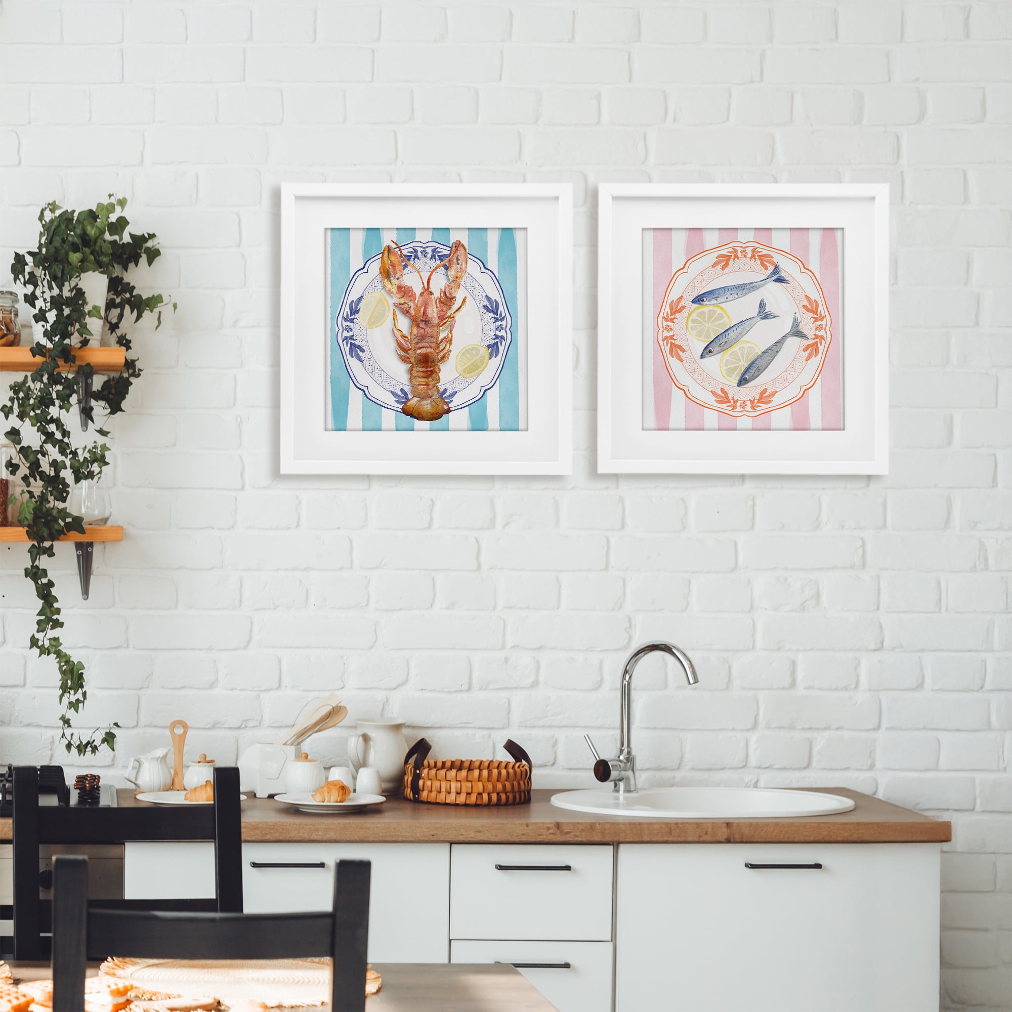 Stupell Industries Lobster & Sardines Plates 2 Piece White Framed Print Under Glass Set, design by Christie Adams