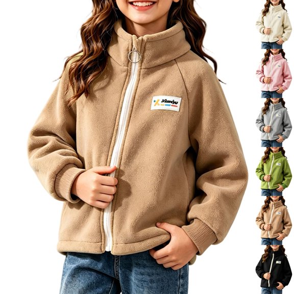 Jacket for Girls Dqueduo Kids' Fleece Zip Up Stand Collar Casual Outerwear Jacket Coat For Boys Girls Brown 5-6 Years