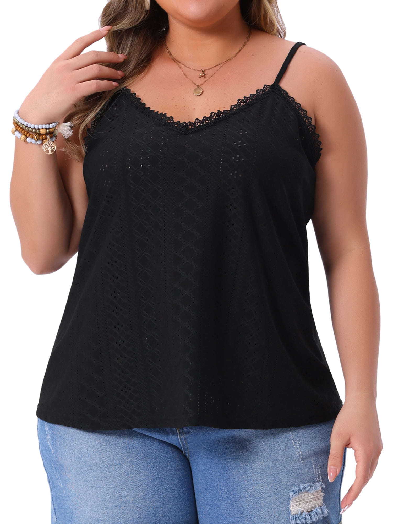 DARING DIVA Women's Plus Summer Eyelet Cami V Neck Casual Sleeveless Top 3X Black