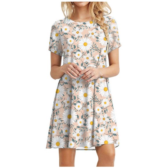 Robes d'Été Bohèmes à Fleurs pour Femmes Tunique à Manches Courtes Col Ras du Cou Robe Mini Décontractée Plissée Évasée Robe de Vacances