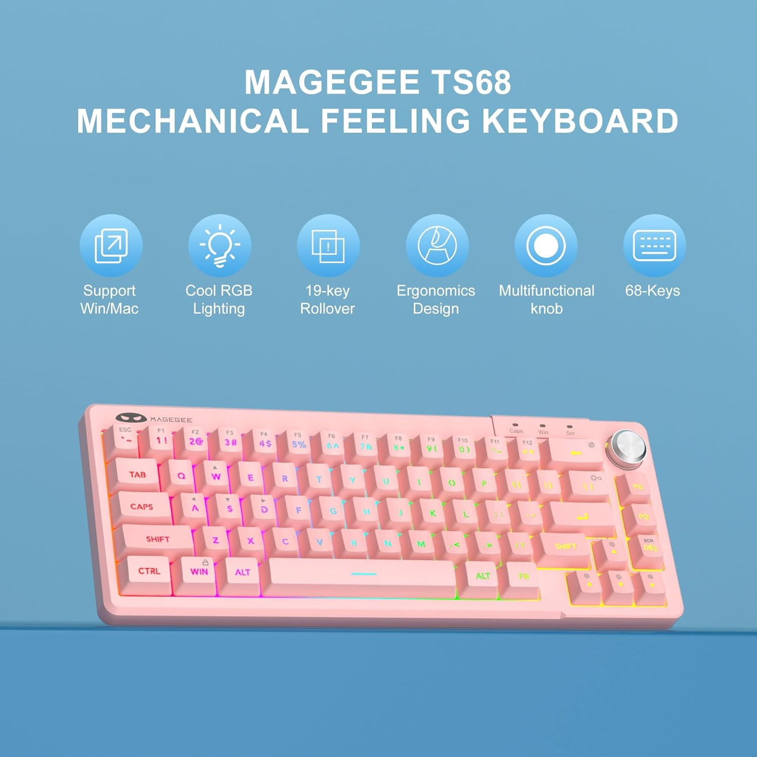 MageGee 60% Gaming Keyboard - TS68 Compact Mechanical-Style Tactile Feel, RGB Backlit with Smart Knob, 68 Keys Ergonomic Design, 18-Key Anti-Ghosting