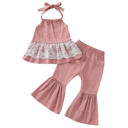 

Nokpsedcb 2PCS Infant Toddler Kid Girls Sleeveless Hanging Neck Tops Bell-bottomed Pants Pink 6-12 Months