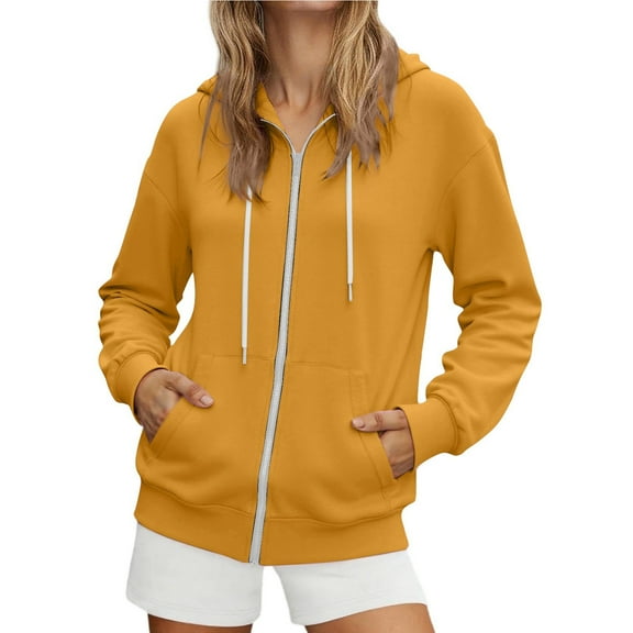 Fiaer,Full-Zip Plus Size Hoodies for Women,Womens Long Sleeve Drawstring Loose Fit Trendy Hooded Sweatshirts with 2 Pockets Yellow XL