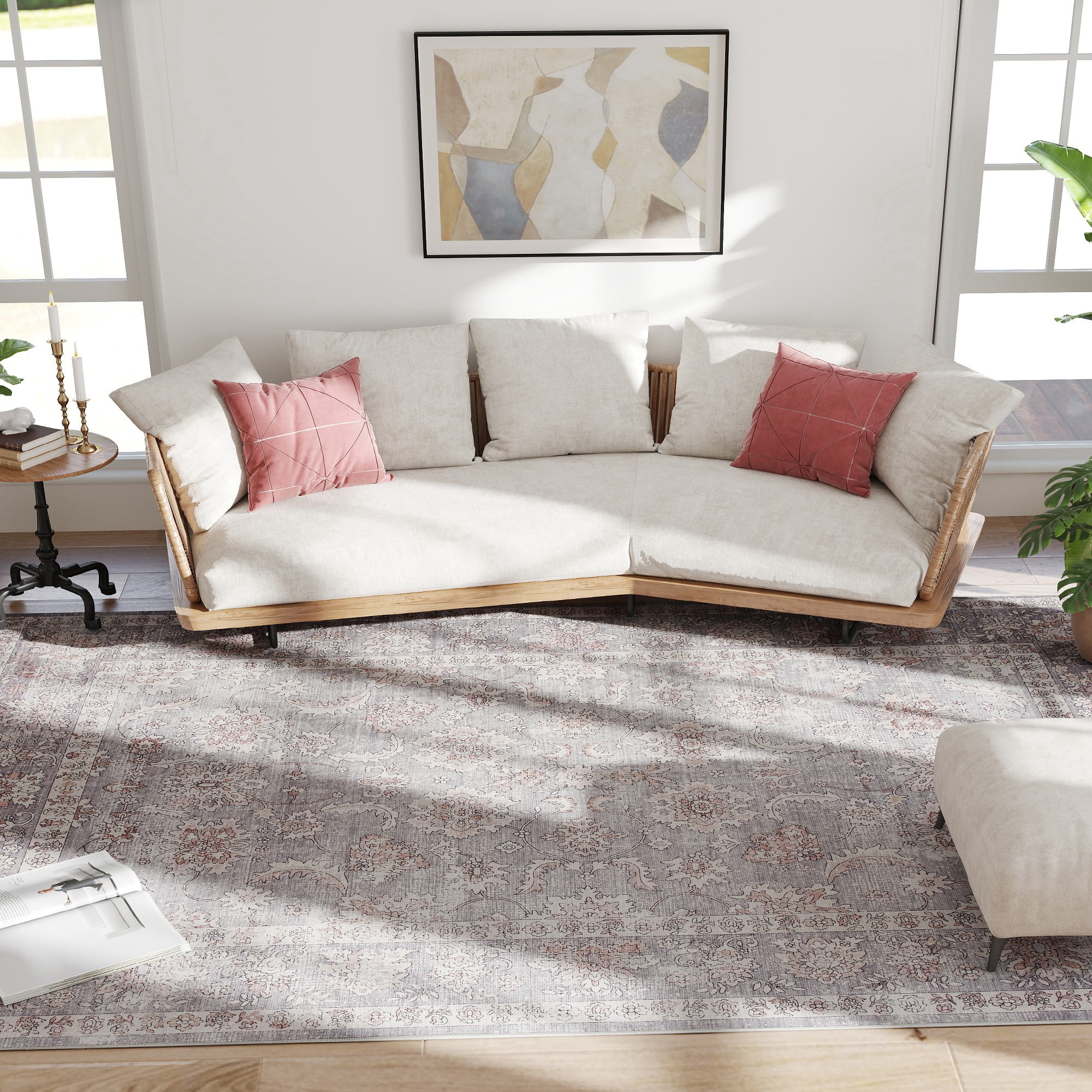 HOMCOM Machine Washable Area Rug 8x10, Non-Slip Traditional Flower Print Floor Carpet for Living Room, Bedroom, Dining Room, Grey and Brown