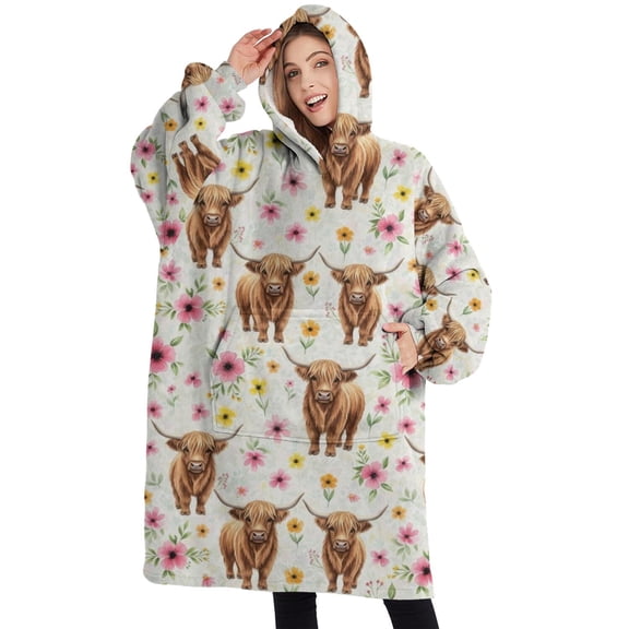Oversized Wearable Blanket Hoodie,White Highland Cow Flower Pattern Sherpa Blanket Hoodie with Super Pockets,Super Warm Fuzzy Pullover for Women & Men