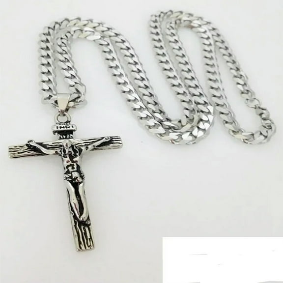 Mens Retro Stainless Steel Big Cross Pendant With Chain Matching Silver Tone