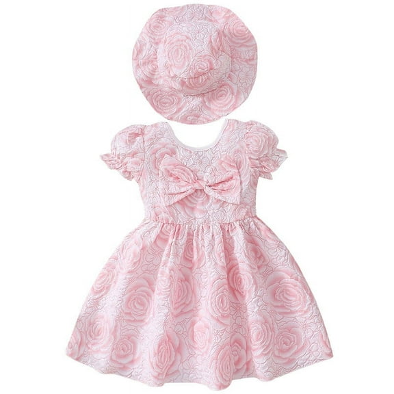 Inadays Toddler Baby Girl Floral Jacquard Puff Sleeve Dress Summer Bowknot Princess A-line Dresses Kids Birthday Ball Gown Party Pageant Dresses with Hat, Pink, 3-4 Years