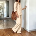 thumbnail image 5 of IUYRTFE Women V Neck 3/4 Sleeve Top and Elastic Waist Wide Leg Pants Set Casual Relaxed 2 Piece Lounge Outfit, 5 of 7