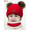 thumbnail image 3 of Spencer 2Pcs Kids Winter Beanie Hat and Scarf Set Warm Knitted Fleece Lined Ski Pom Pom Cap for Boys Girls "Red", 3 of 8