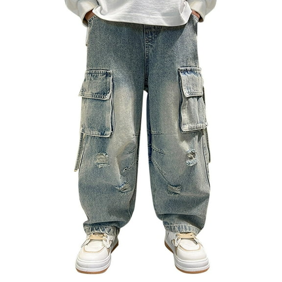 Baggy Jeans for Boys 16-18 Comfy Elastic Waist Pull on Baggy Demin Jeans Regular Fit Plain Jogger Streetwear Pants Back To School Clothes for Boys 10-12