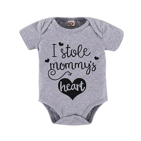 

OLLUISNEO Newborn Baby Boys Summer Bodysuit Crew Neckline Short Sleeve Letter Print Jumpsuit 0-3 Months Grey