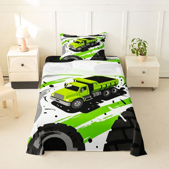 Manfei Cute Garbage Truck Twin Sheets,Boys Friendly Print Bedding,Green,3 Pieces,1 Fitted Sheet and 1 Pillowcase