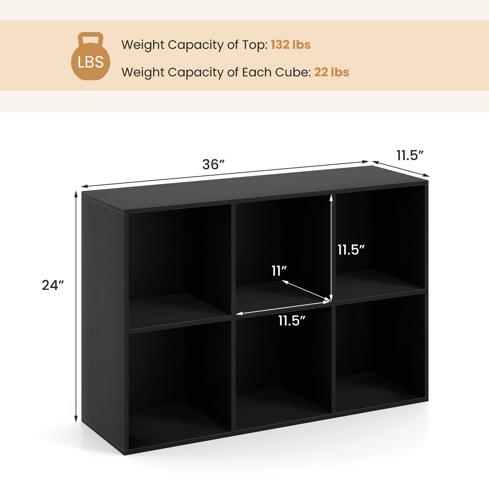 Costway 6-Cube Bookcase Modern 3-Tier Storage Organizer Horizontal Vertical Bookshelf Black
