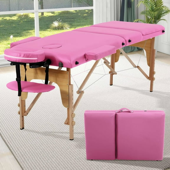 YRLLENSDAN 73" Massage Table Foldable Portable, PU Leather Lash Beds for Eyelash Tech, Height Adjustable Massage Bed with Non-Woven Bag, for Spa Footmassage Facial CareSpa Tattoo, Pink