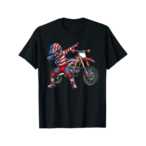 children’s wear Funny Patriotic American Flag Dabbing Motocross Rider Dirt Bike Graphic T-Shirt for Boys Kids