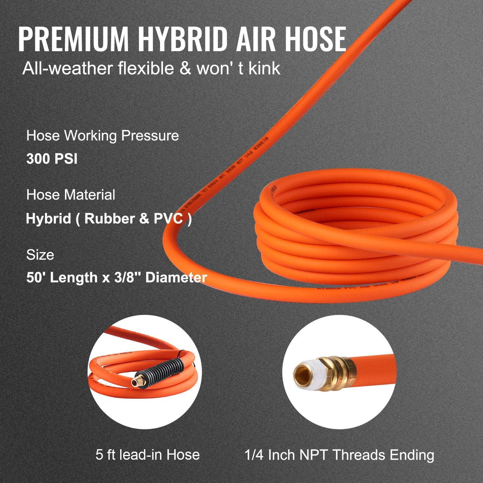 Enclosed Retractable Air Hose Reel with 180° Swivel Mount, 3/8" x 50 FT Hybrid Hose (300 PSI Max) - Includes 5 ft Lead-in, Wall/Ceiling Mount for Air Compressors