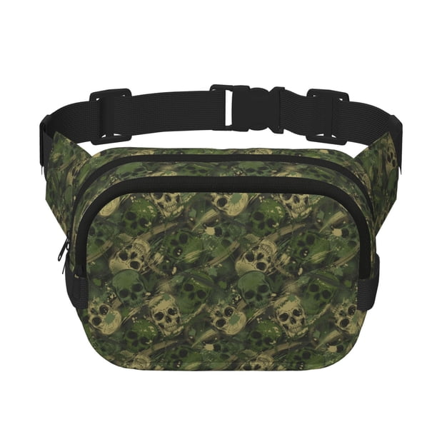 Fotbe Green Camouflage Skull Cangurera Cuadrada con Estampado de Doble Capa, Bolsa de Cintura Ajustable Mini para Hombres y Mujeres