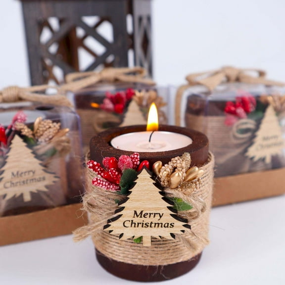 Set of 10 Christmas Wooden Candle Holder Gift, Noel New Year Xmas Favors