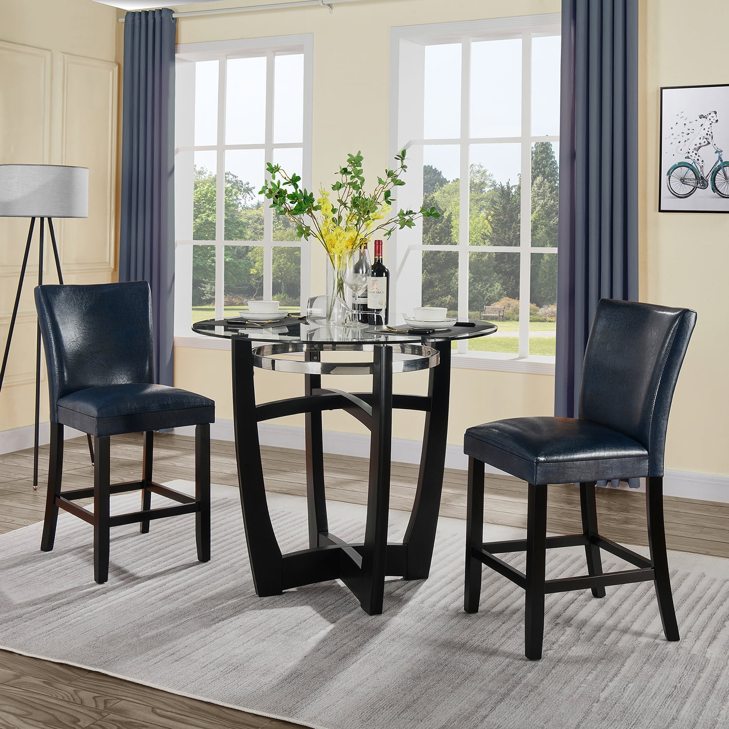 BAXMUY Set of 4 Counter Height Bar Stools, 25.6" Seat, Dark Blue, Solid Wood & Faux Leather Bar Chairs for Kitchen Island & Home Bar