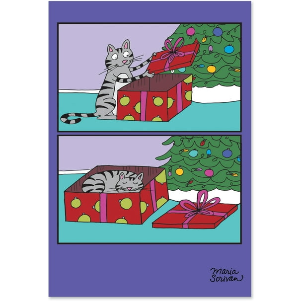 Cat Present 12 Boxed Merry Christmas Cards with Envelopes Funny Pet