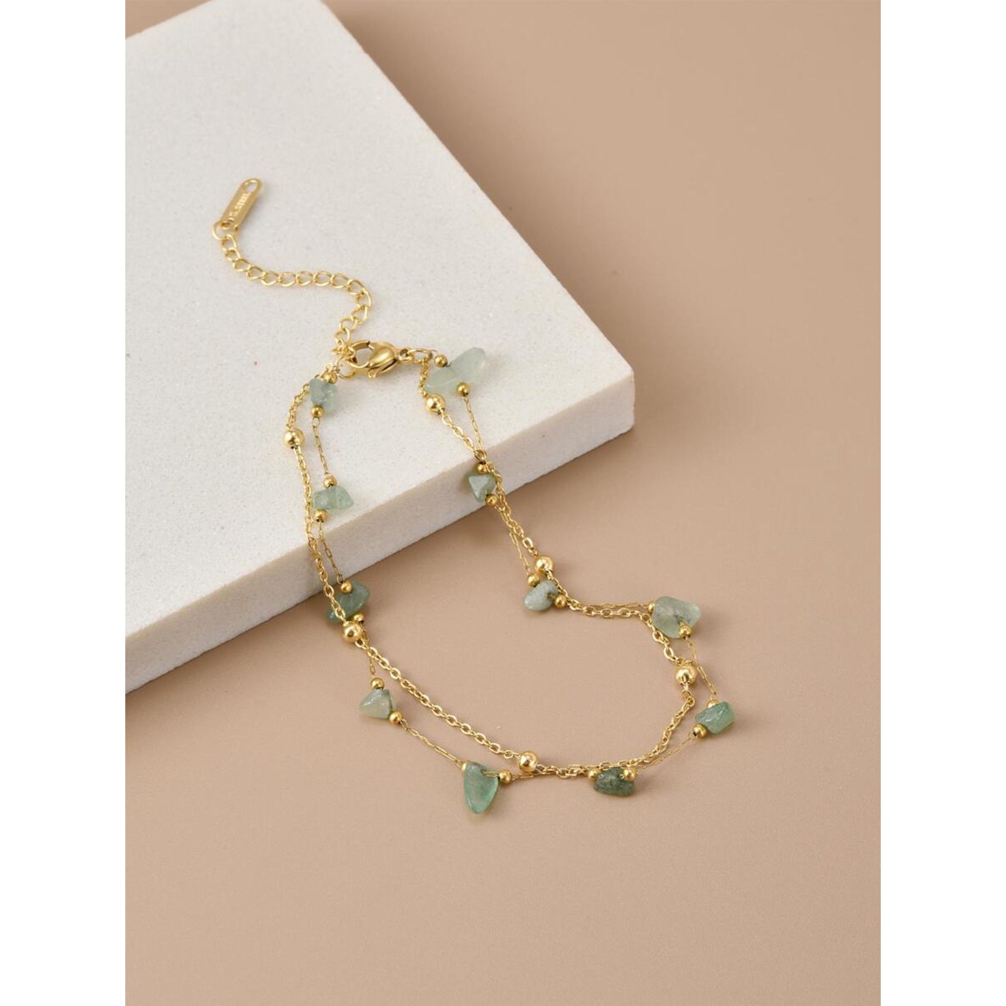 Double Strand Green Stone Anklet in Yellow Gold-8 Finish