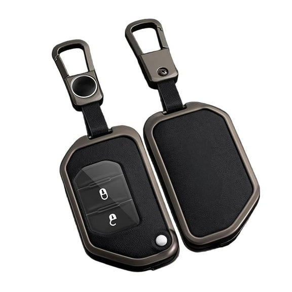 for Jeep Key Fob Cover, Leather Zinc Alloy Key Fob Case for 2018-2025 Wrangler JL JLU Rubicon, 2020-2025 Gladiator JT Sahara JLU Flip Key Fob