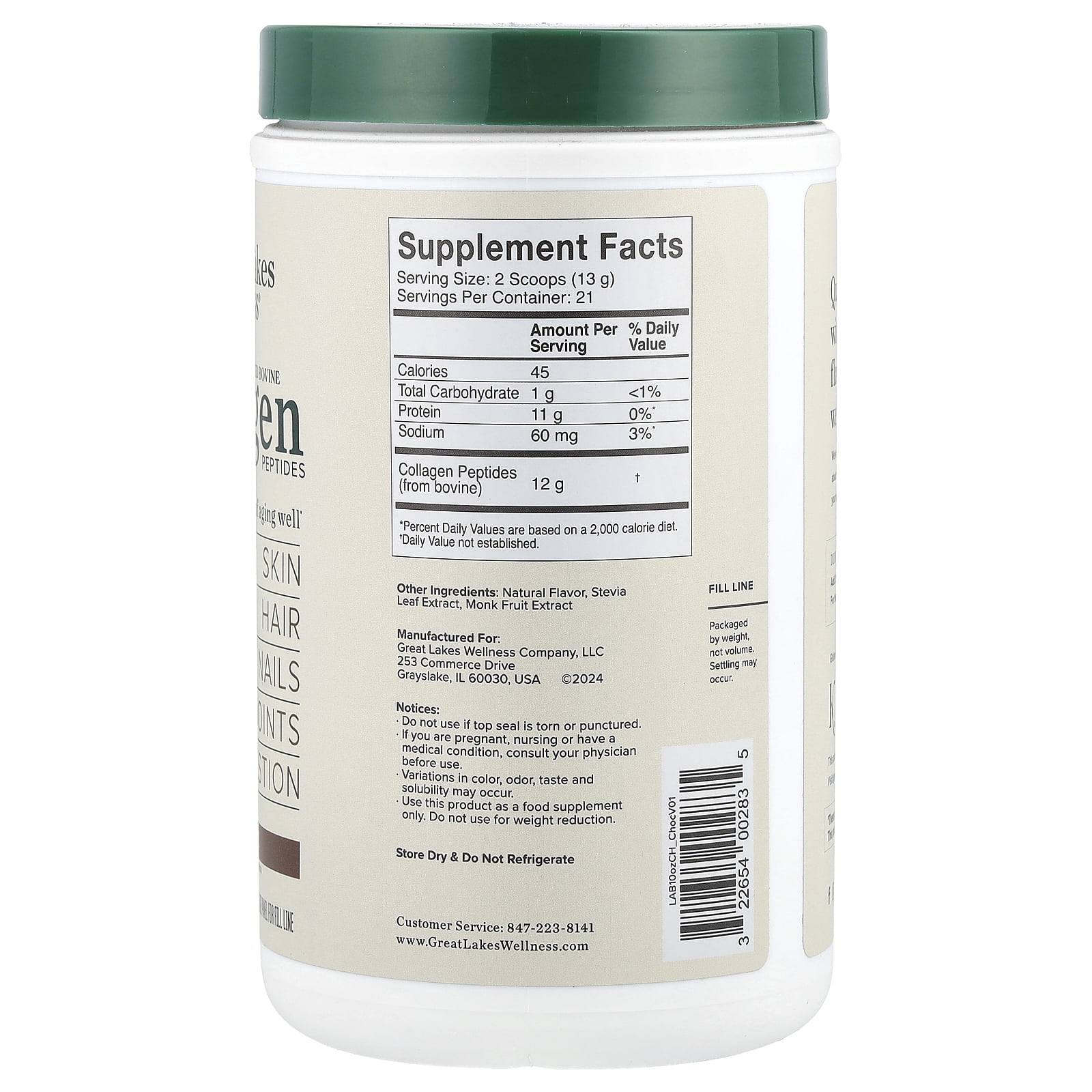 Great Lakes Wellness Grass-Fed Bovine Collagen Peptides, Chocolate, 10 oz (284 g)