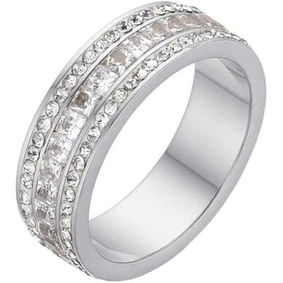 BQF Women's 3 Rows Eternity Micro Pave Stone Stackable Ring Stainless Steel Modern Statement Band, Party Concert Everyday Style