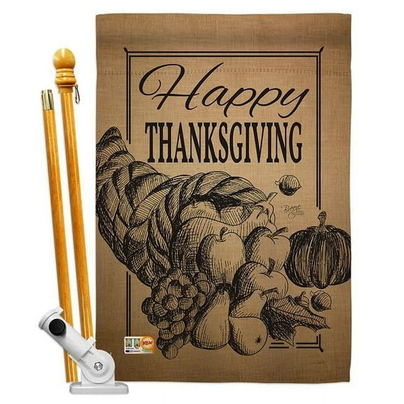 Breeze Decor BD-TG-HS-113054-IP-BO-D-US16-BD 28 x 40 in. Happy Cornucopia Fall Thanksgiving Impressions Decorative Vertical Double Sided House Flag Set with Pole Bracket Hardware